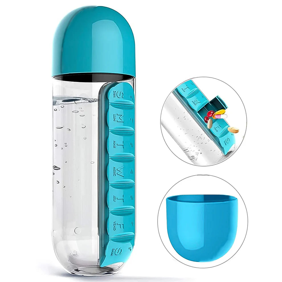 2-in-1 Pill Organizer Water Bottle – 600ml BPA-Free Travel Bottle with 7-Day Medicine Storage (Mixed Colors)
