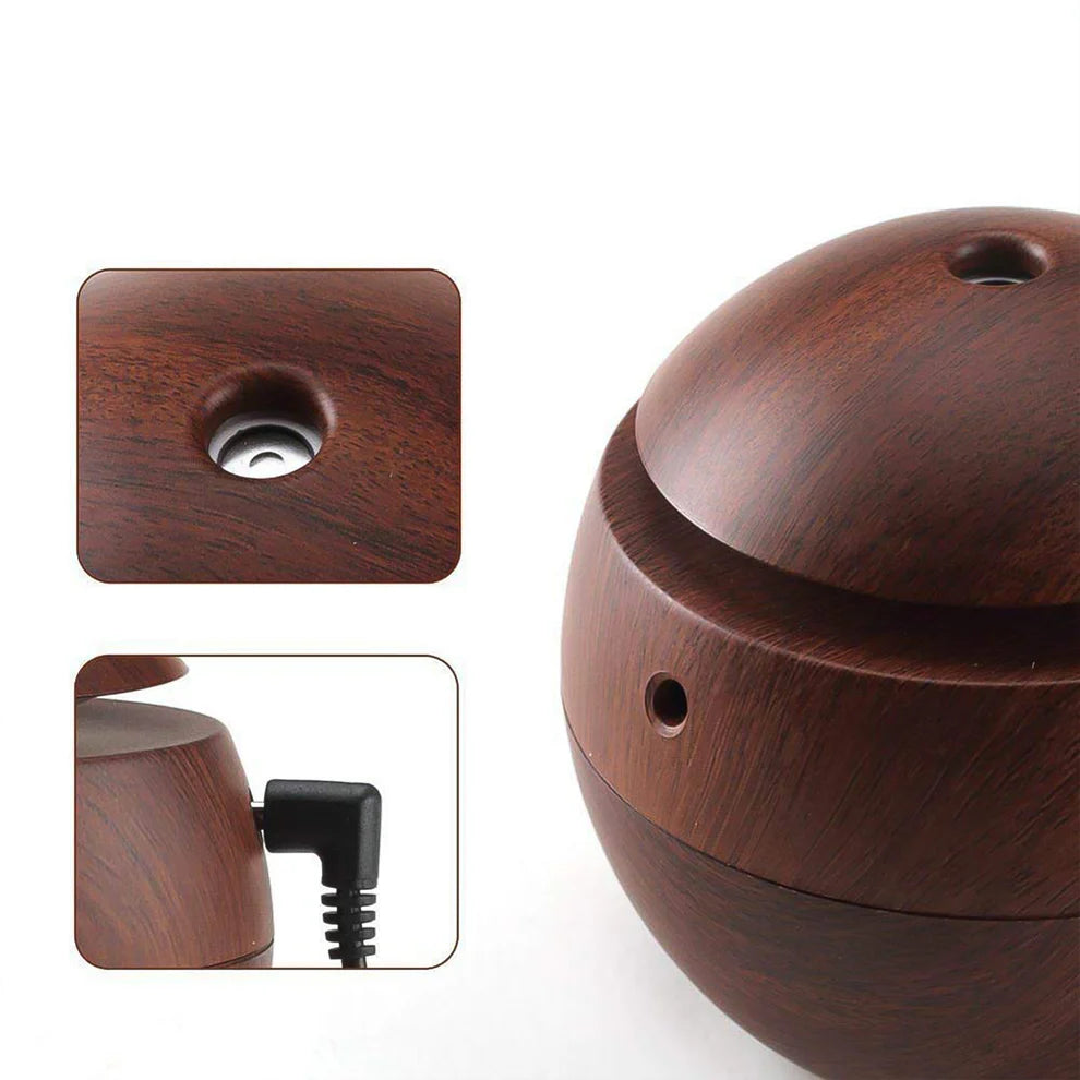 USB Ultrasonic Aromatherapy Diffuser – 130ML Wooden Grain Cool Mist Humidifier with LED Lights for Home, Office & Car