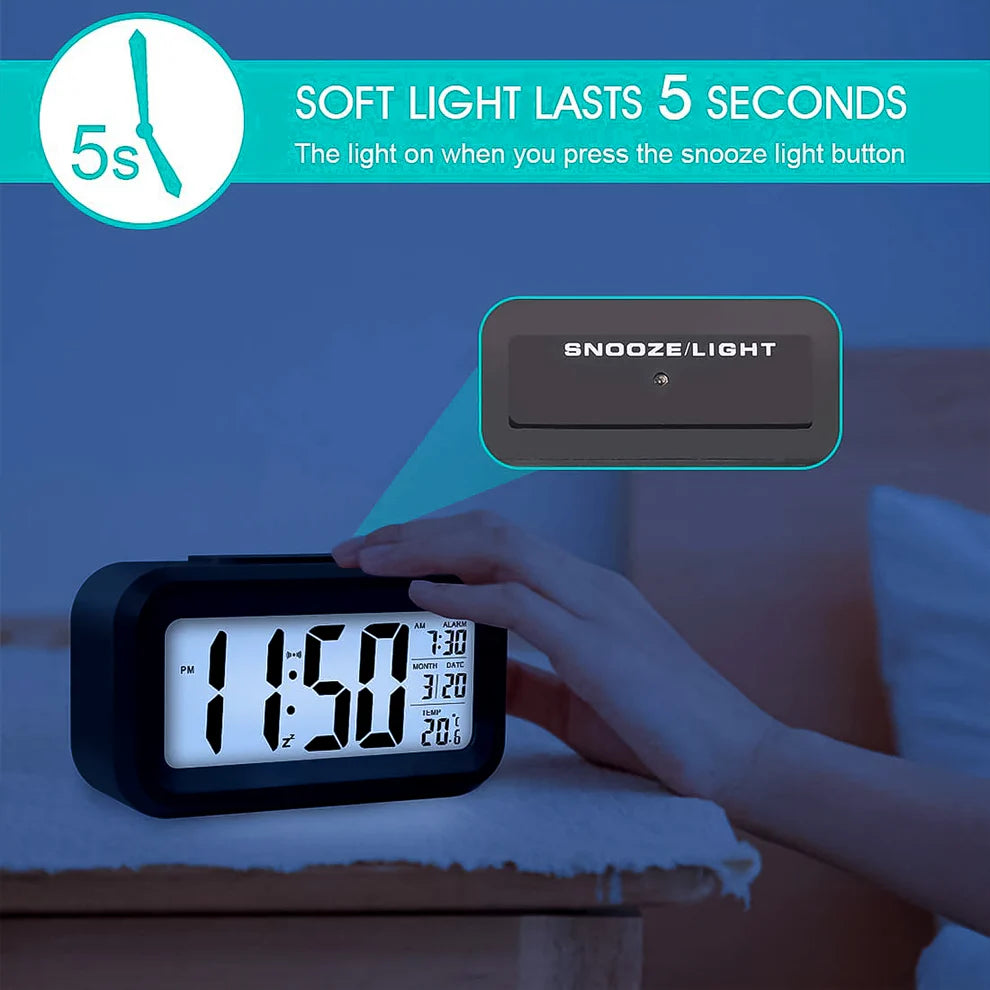 Digital LCD Alarm Clock with Backlight – Battery Powered, Temperature & Date Display