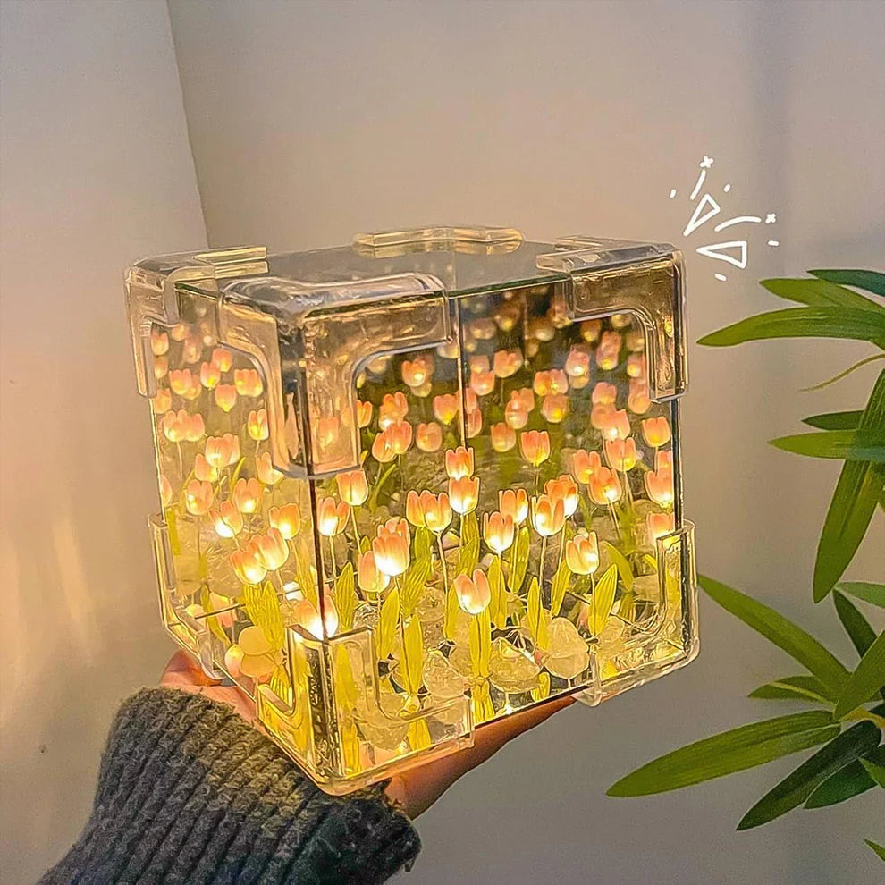 Cube Tulip Night Lamp – LED Flower Mirror Lamp for Room & Table Decor (DIY)