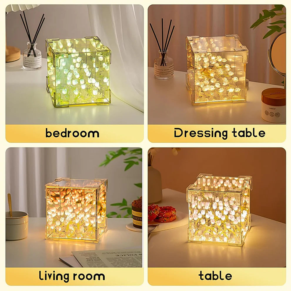 Cube Tulip Night Lamp – LED Flower Mirror Lamp for Room & Table Decor (DIY)