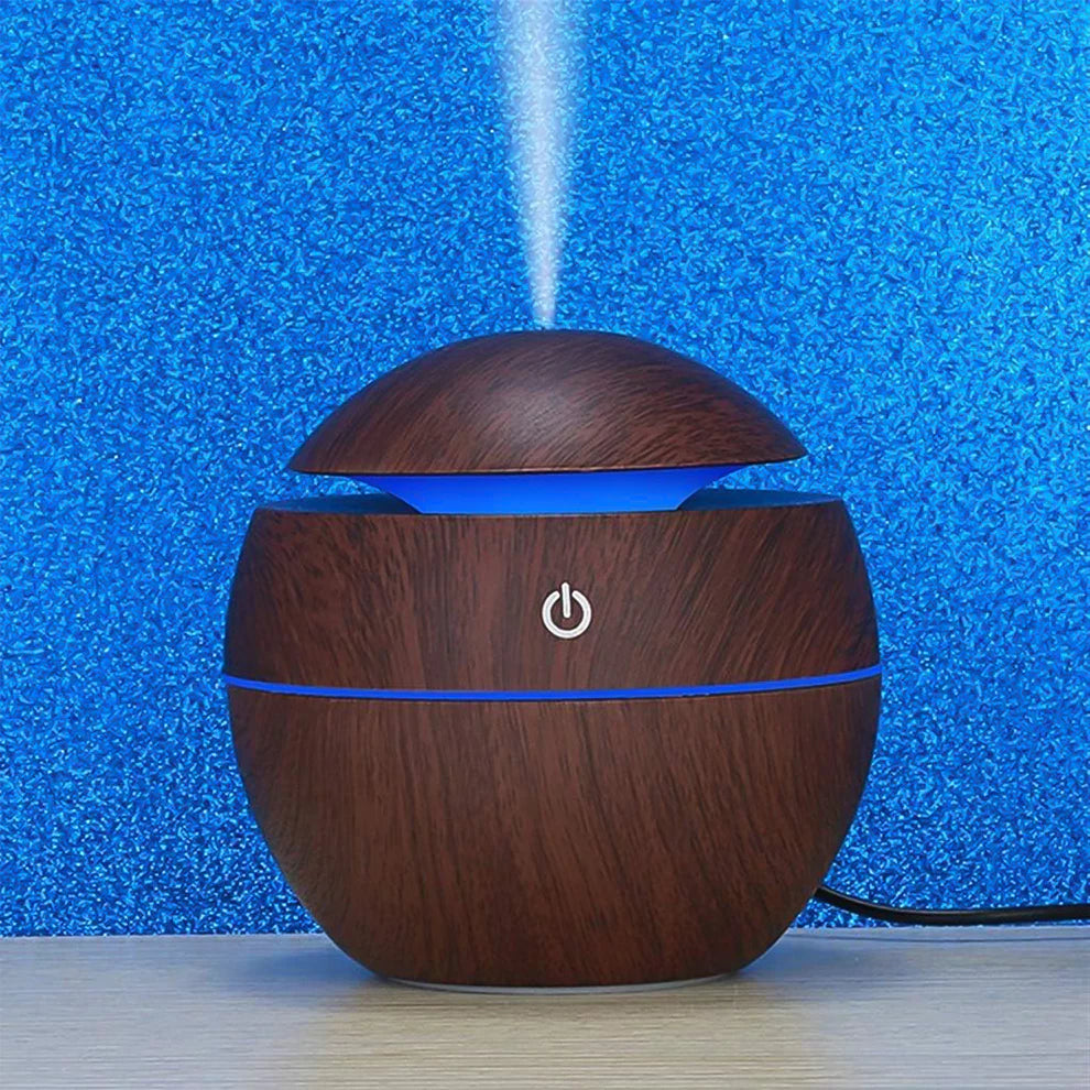USB Ultrasonic Aromatherapy Diffuser – 130ML Wooden Grain Cool Mist Humidifier with LED Lights for Home, Office & Car