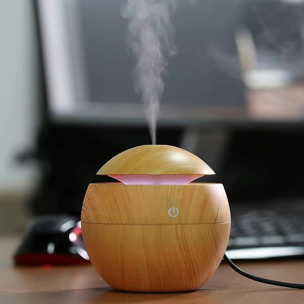 USB Ultrasonic Aromatherapy Diffuser – 130ML Wooden Grain Cool Mist Humidifier with LED Lights for Home, Office & Car