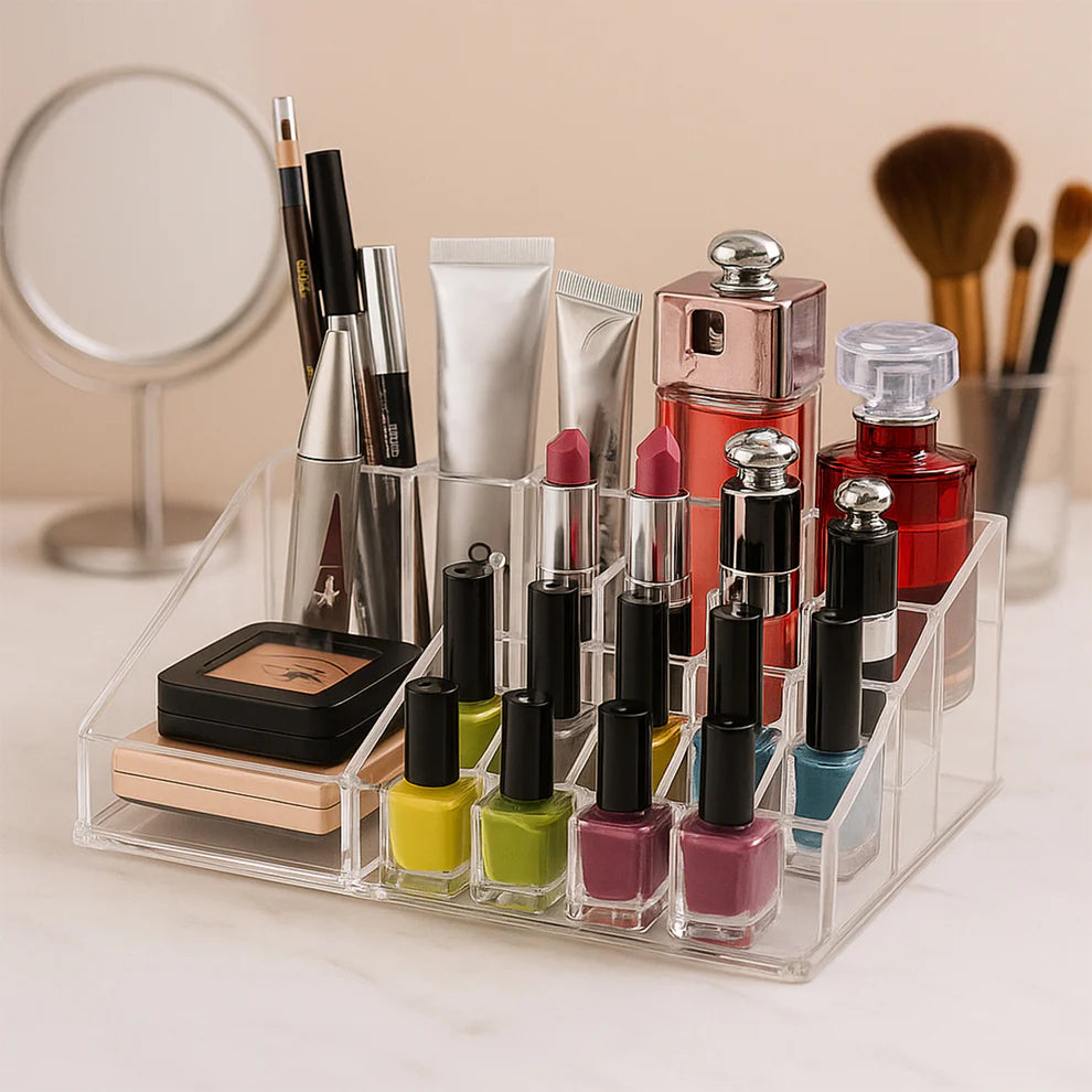 16-Slot Clear Acrylic Makeup Organizer – Lipstick, Nail Polish & Jewelry Holder Box