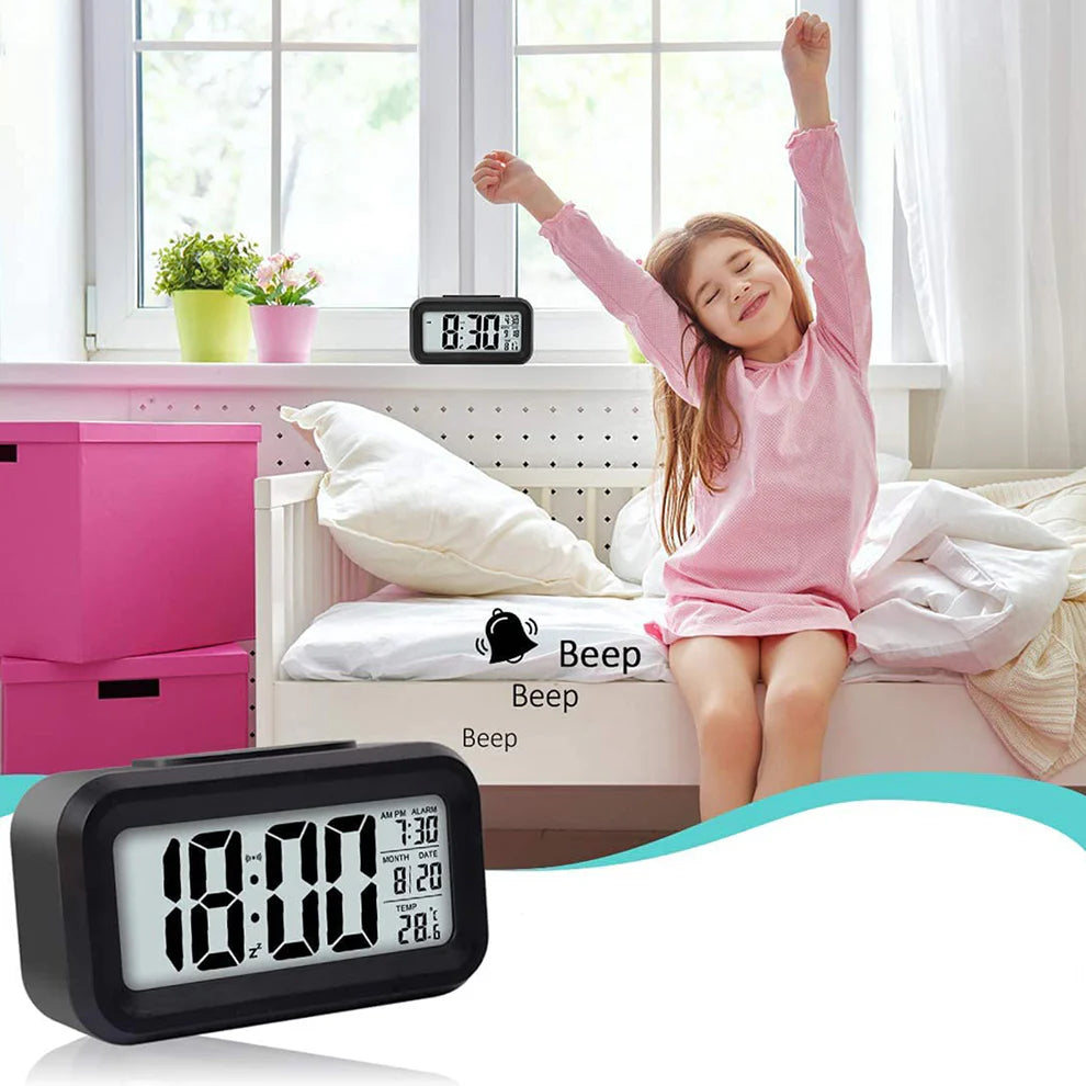 Digital LCD Alarm Clock with Backlight – Battery Powered, Temperature & Date Display