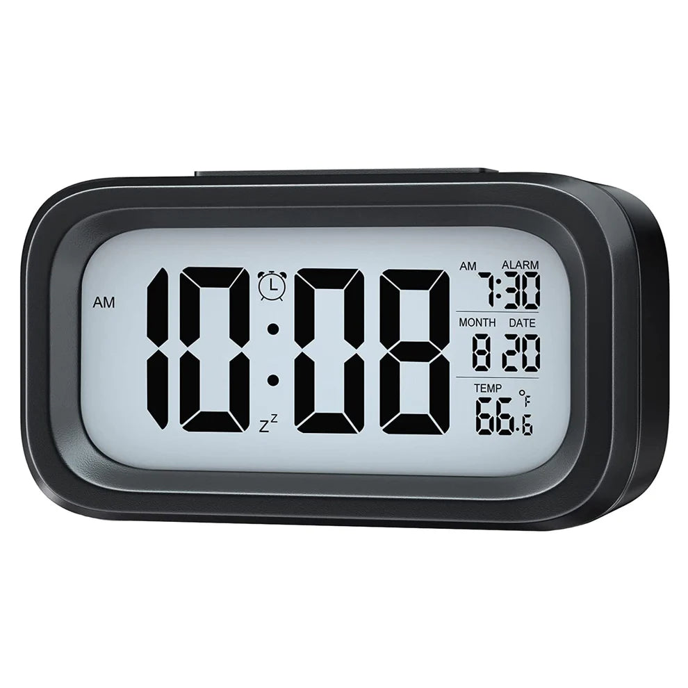 Digital LCD Alarm Clock with Backlight – Battery Powered, Temperature & Date Display