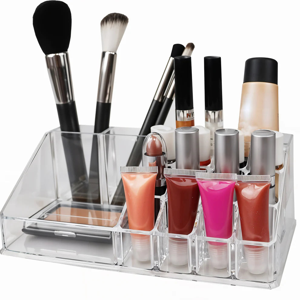 16-Slot Clear Acrylic Makeup Organizer – Lipstick, Nail Polish & Jewelry Holder Box