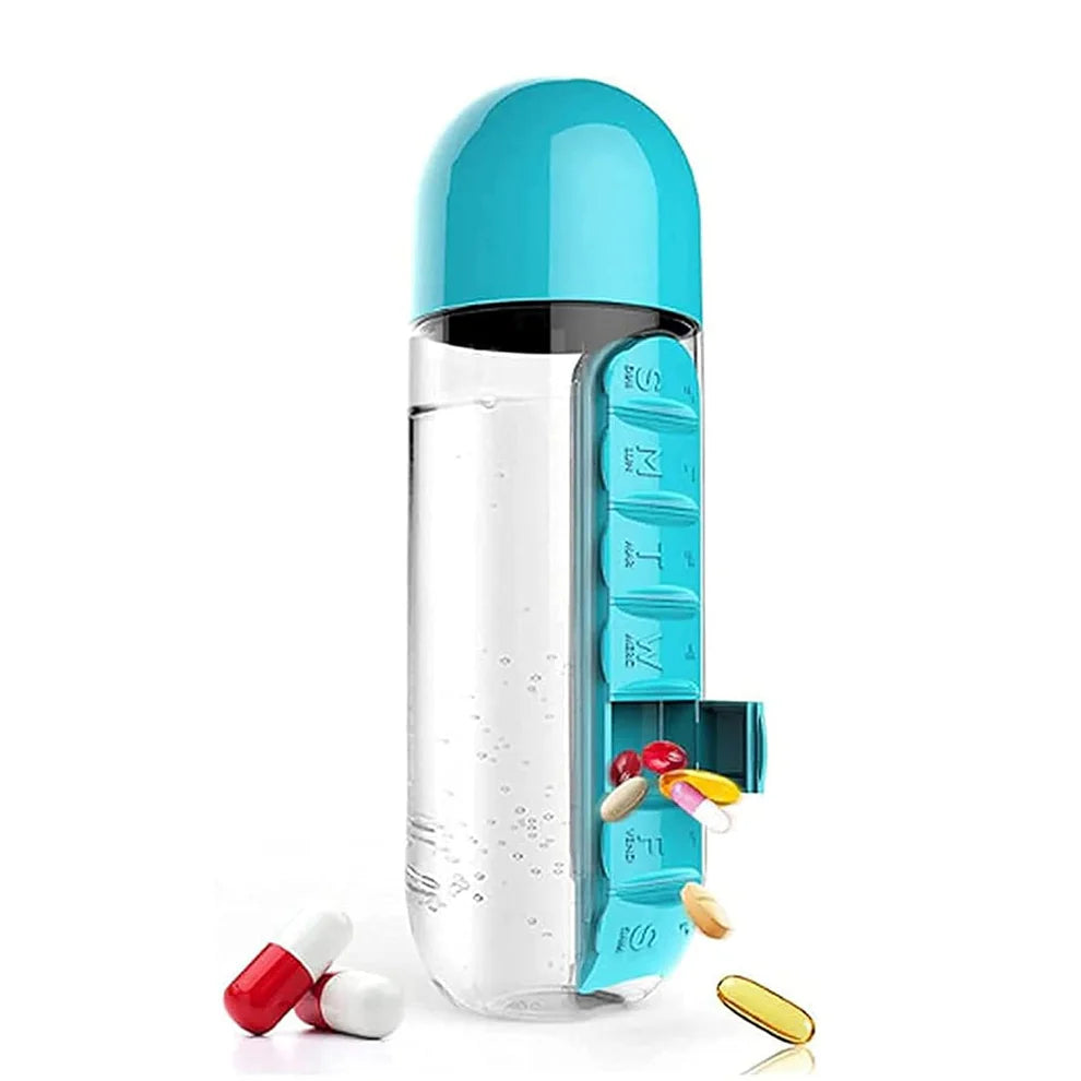 2-in-1 Pill Organizer Water Bottle – 600ml BPA-Free Travel Bottle with 7-Day Medicine Storage (Mixed Colors)