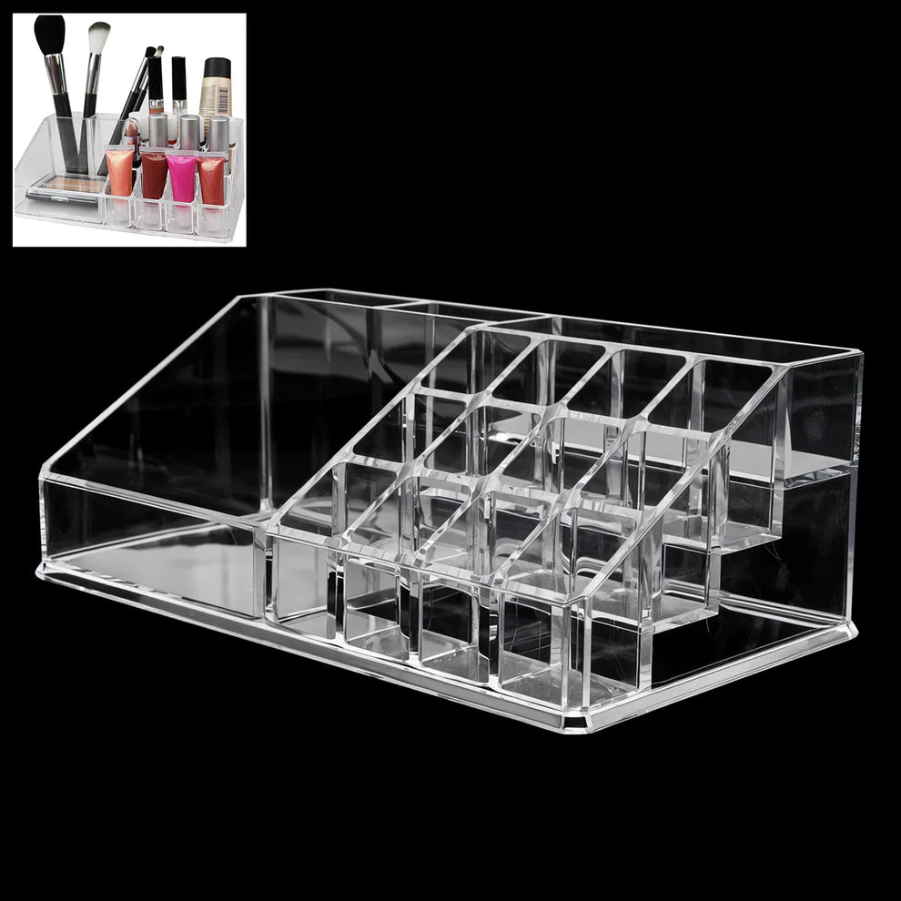16-Slot Clear Acrylic Makeup Organizer – Lipstick, Nail Polish & Jewelry Holder Box