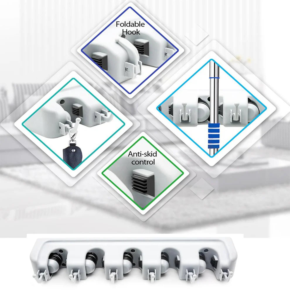 5-Slot Wall-Mounted Mop & Broom Holder – Heavy-Duty Storage Rack for Cleaning Tools