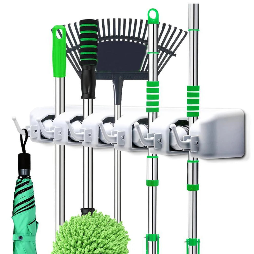 5-Slot Wall-Mounted Mop & Broom Holder – Heavy-Duty Storage Rack for Cleaning Tools