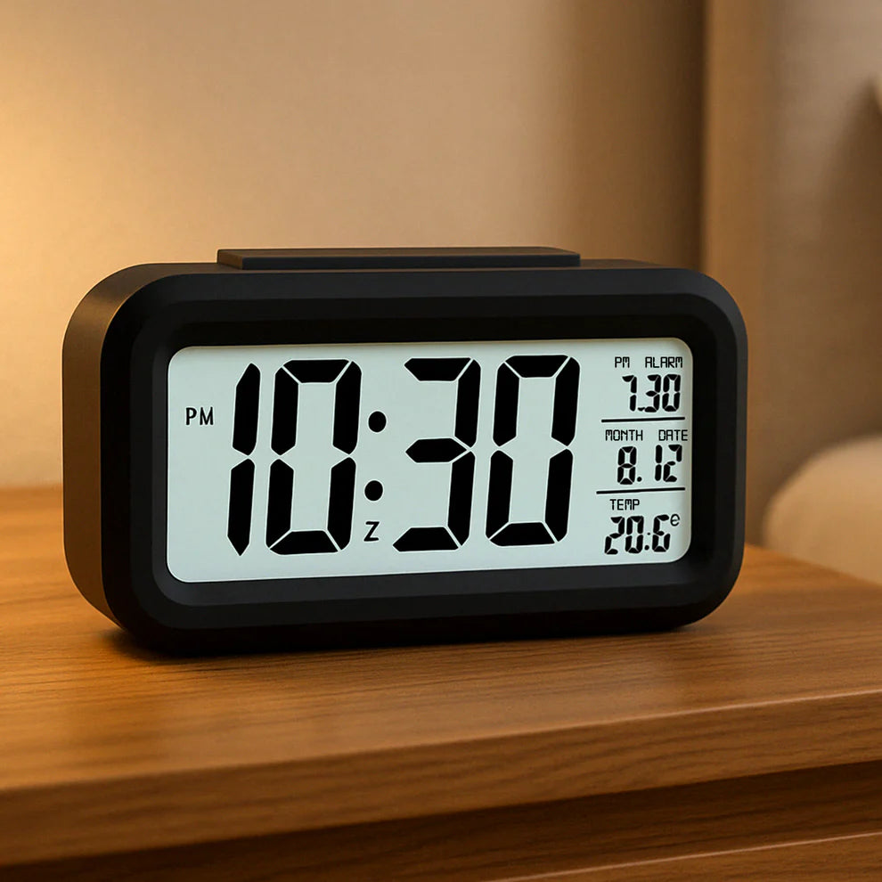 Digital LCD Alarm Clock with Backlight – Battery Powered, Temperature & Date Display